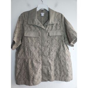 Chico's Green 100% Cotton Open Floral Eyelet Button Zipper Shirt/Jacket size 18